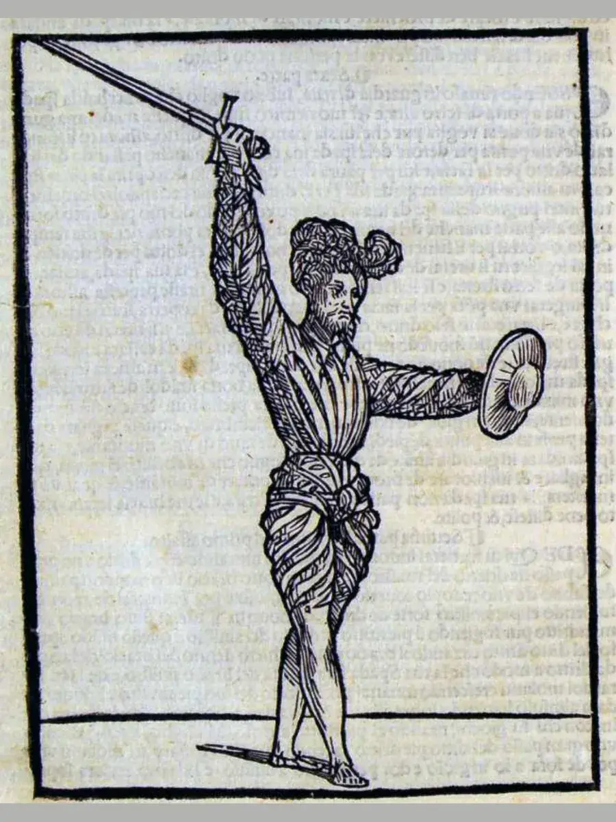 Incisione dall’Opera Nova di Achille Marozzo (1536): guardia alta con spada e brocchiero