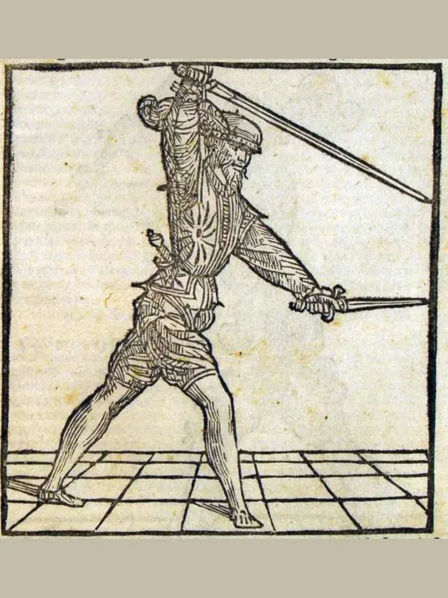 Incisione dall’Opera Nova di Achille Marozzo (1536): guardia con spada e pugnale
